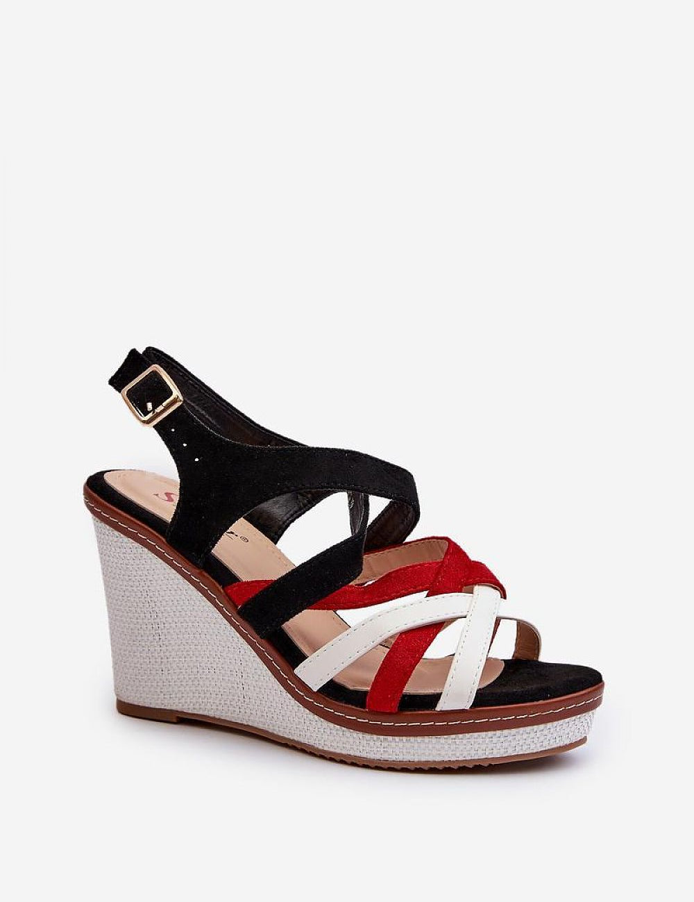 Seranta braided sole wedges with eco leather straps and red, white, black hues, featuring adjustable ankle strap and cushioned insole.