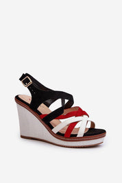 Seranta braided sole wedges with eco leather straps and red, white, black hues, featuring adjustable ankle strap and cushioned insole.