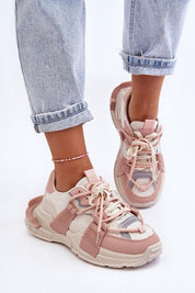 Ravetta Urban Platform Sneakers in pink and beige, featuring eco leather and textile materials, styled with cuffed jeans for a casual look.
