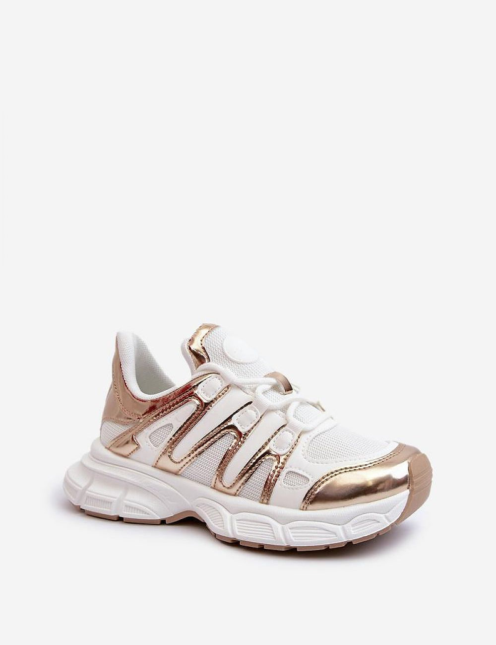 Astaria Thick-Soled Street Sneakers in white with gold accents, featuring a sturdy silhouette and removable cushioned insole.