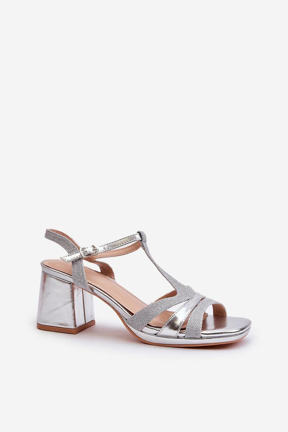 Silver Alverina Block Heel Sandals with adjustable buckle, eco leather upper, offering balance and style for summer evenings.