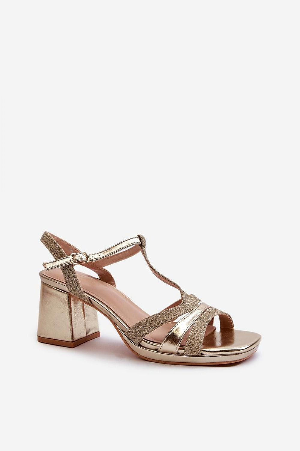Shiny block heel sandals with strappy gold upper and adjustable buckle, crafted from eco leather for a refined summer look.