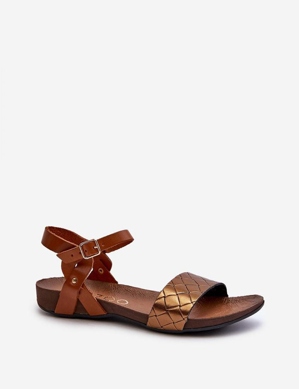 Sorellia buckled leather sandals with adjustable ankle strap, featuring a brown and tan design for summer wear.