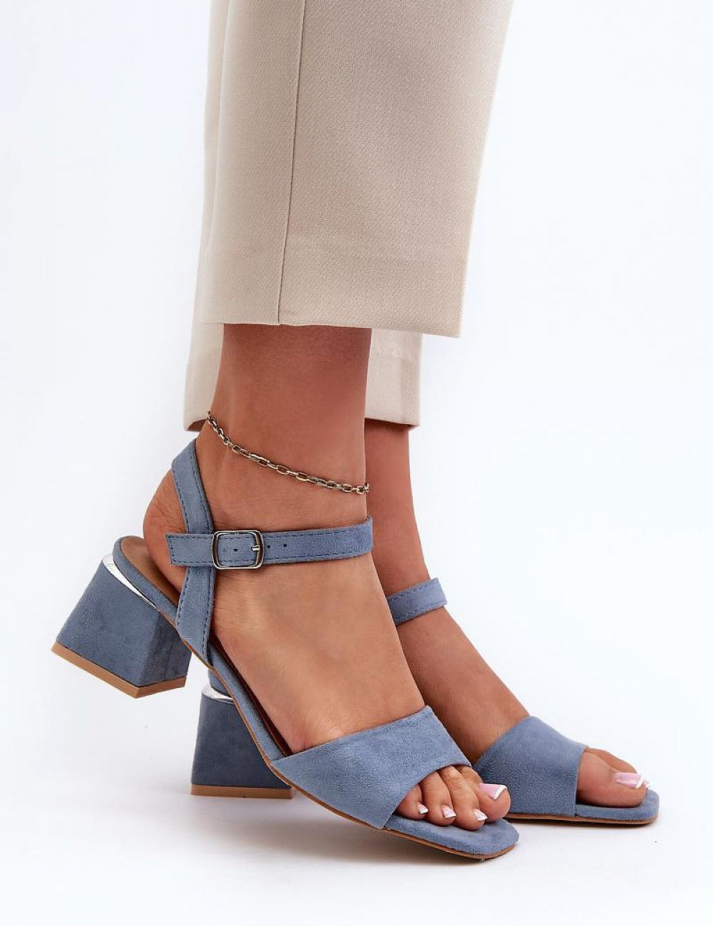 Valenta Suede Block-Heel Sandals in eco suede with adjustable ankle strap, featuring a 6 cm block heel for style and comfort.