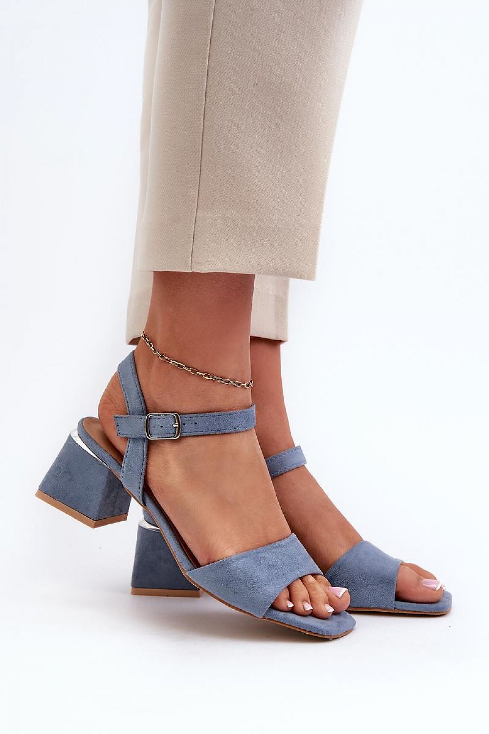 Valenta Suede Block-Heel Sandals in eco suede with adjustable ankle strap, featuring a 6 cm block heel for style and comfort.