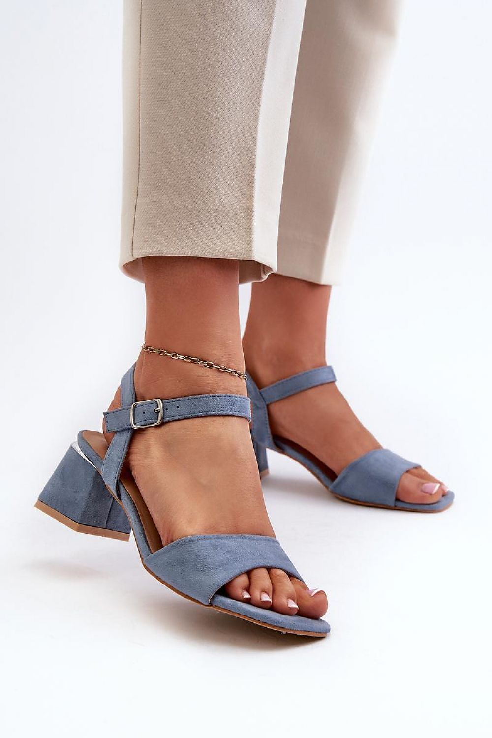 Valenta Suede Block-Heel Sandals in blue with eco suede upper, adjustable ankle strap, and stylish block heel for summer elegance.