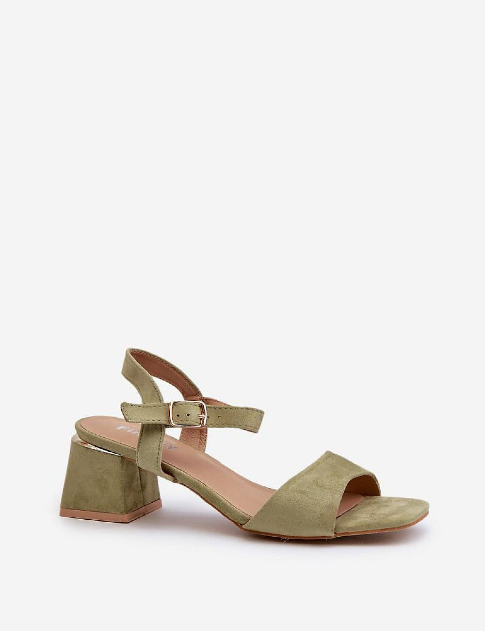 Valenta Suede Block-Heel Sandals in olive green with adjustable ankle strap and eco suede upper. Perfect for summer style and comfort.