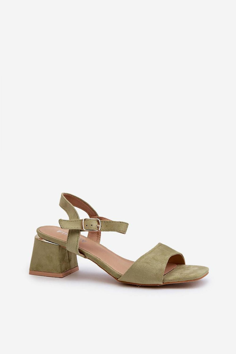 Valenta Suede Block-Heel Sandals in olive green with adjustable ankle strap and eco suede upper. Perfect for summer style and comfort.