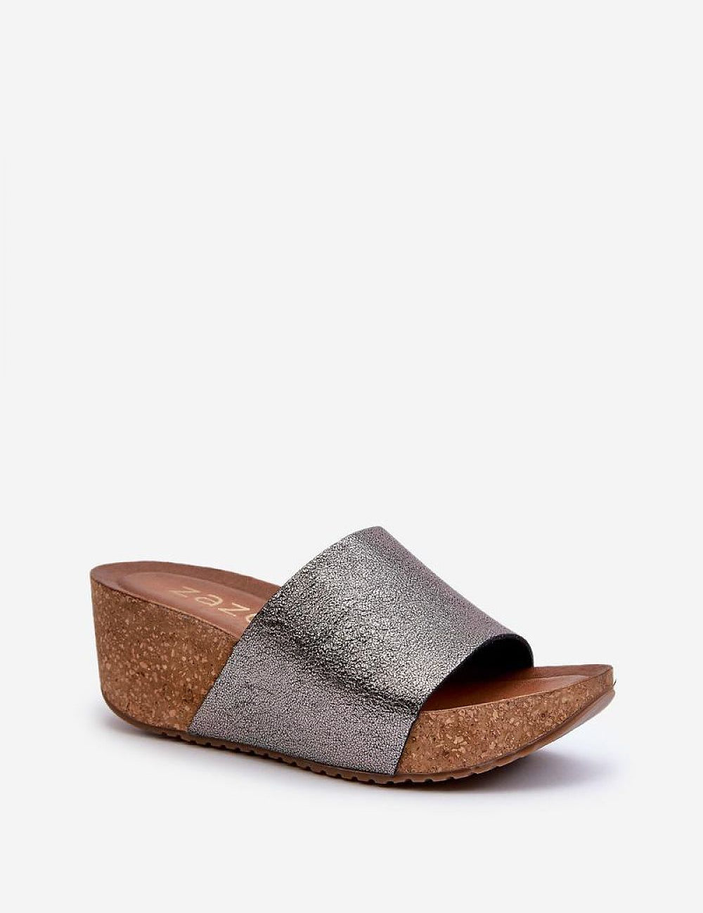 Elegant Mirano leather wedge flip-flop with cork-style sole, showcasing sleek silver straps ideal for summer fashion.