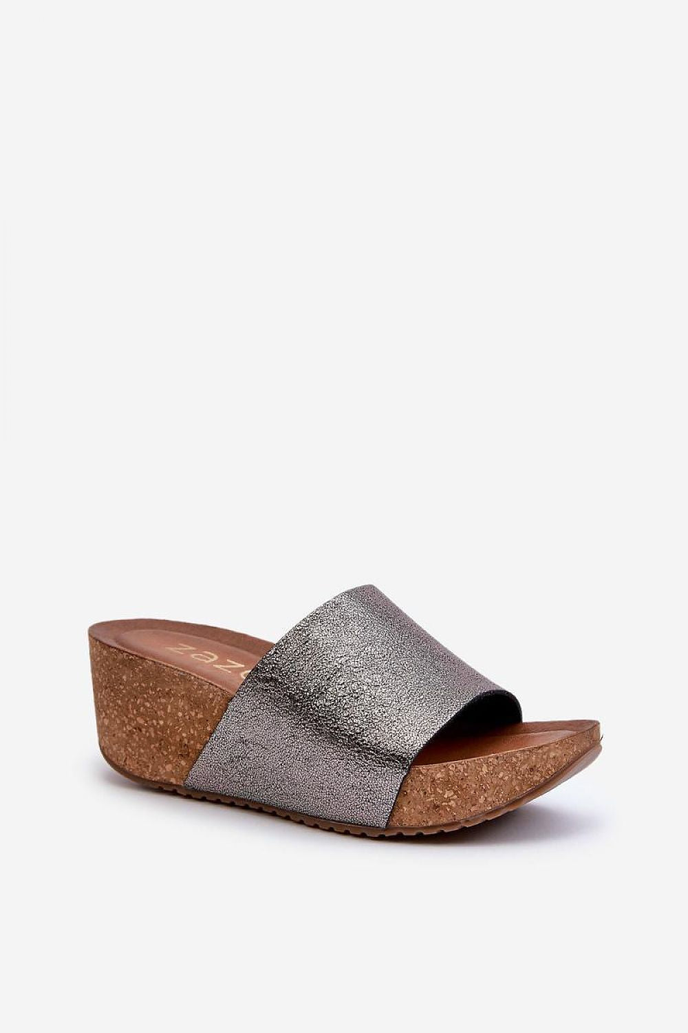 Elegant Mirano leather wedge flip-flop with cork-style sole, showcasing sleek silver straps ideal for summer fashion.