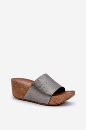Elegant Mirano leather wedge flip-flop with cork-style sole, showcasing sleek silver straps ideal for summer fashion.
