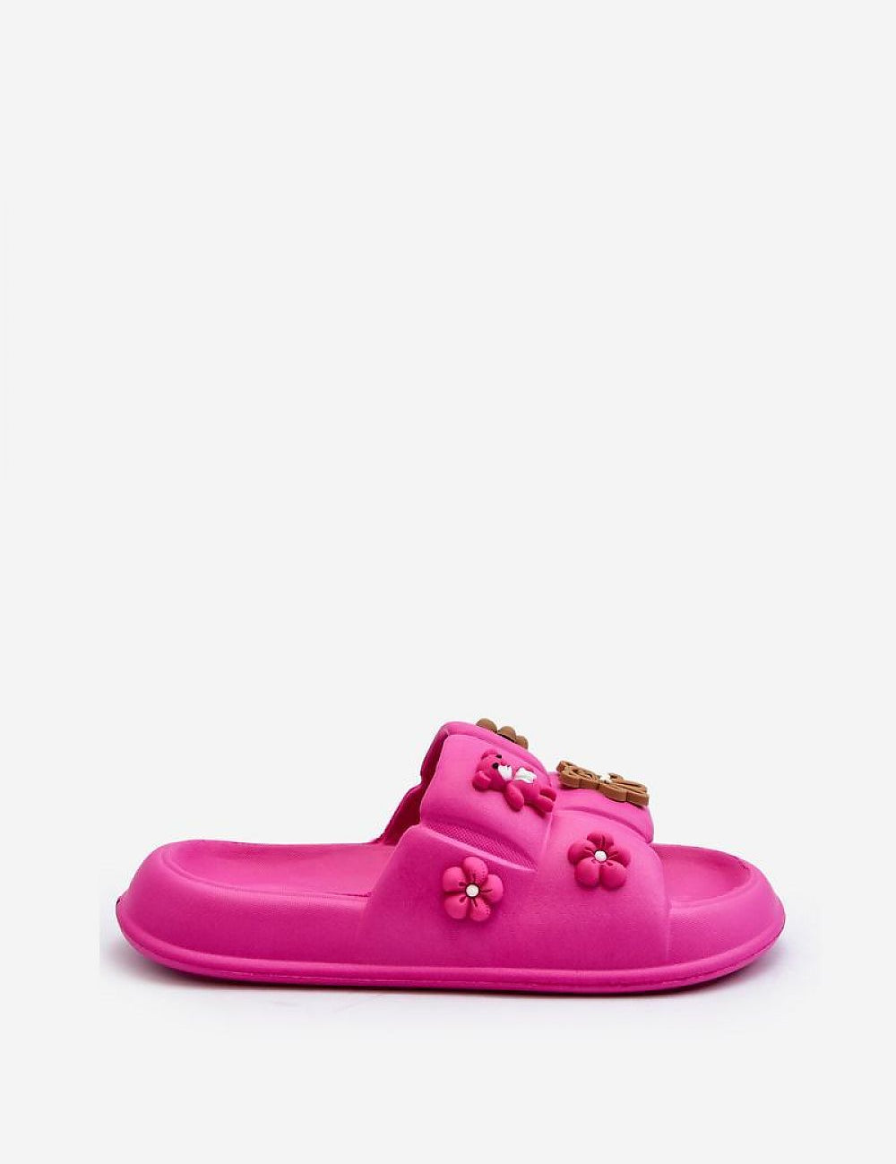 Valessa pink foam summer slides with decorative floral accents, broad strap, and sculpted platform sole for lightweight comfort.