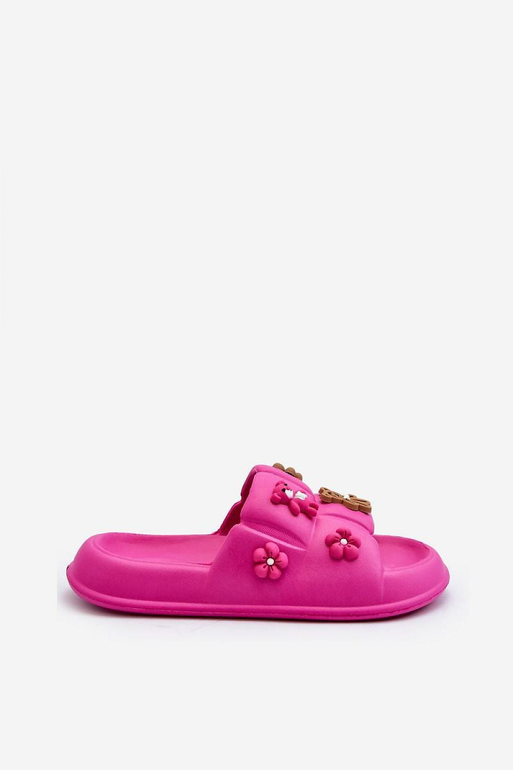 Valessa pink foam summer slides with decorative floral accents, broad strap, and sculpted platform sole for lightweight comfort.