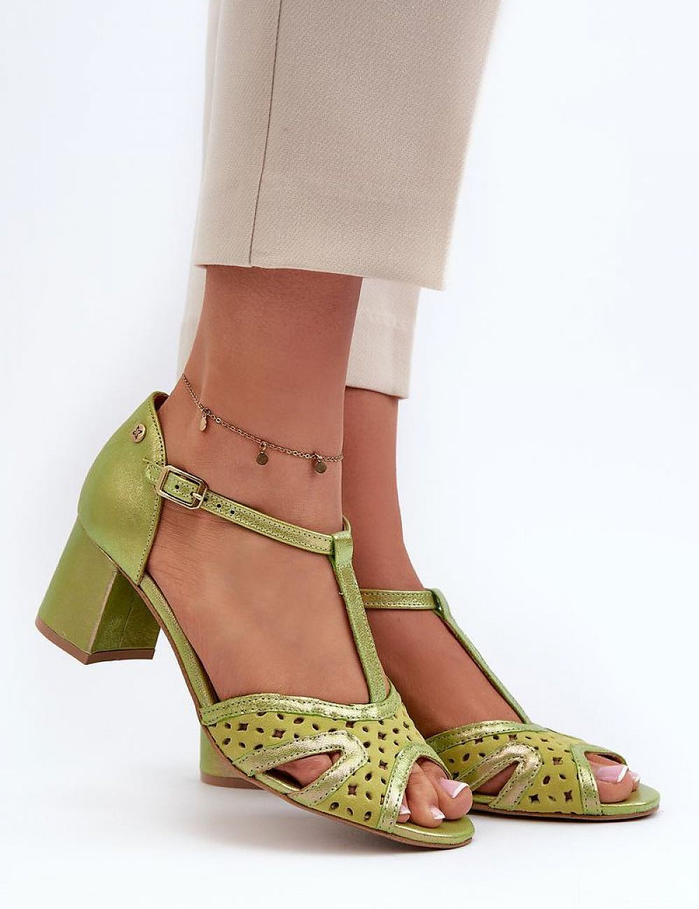 Milora Genuine Leather Sandals with block heel and adjustable ankle strap, ideal for weddings and formal events, shown in light green.