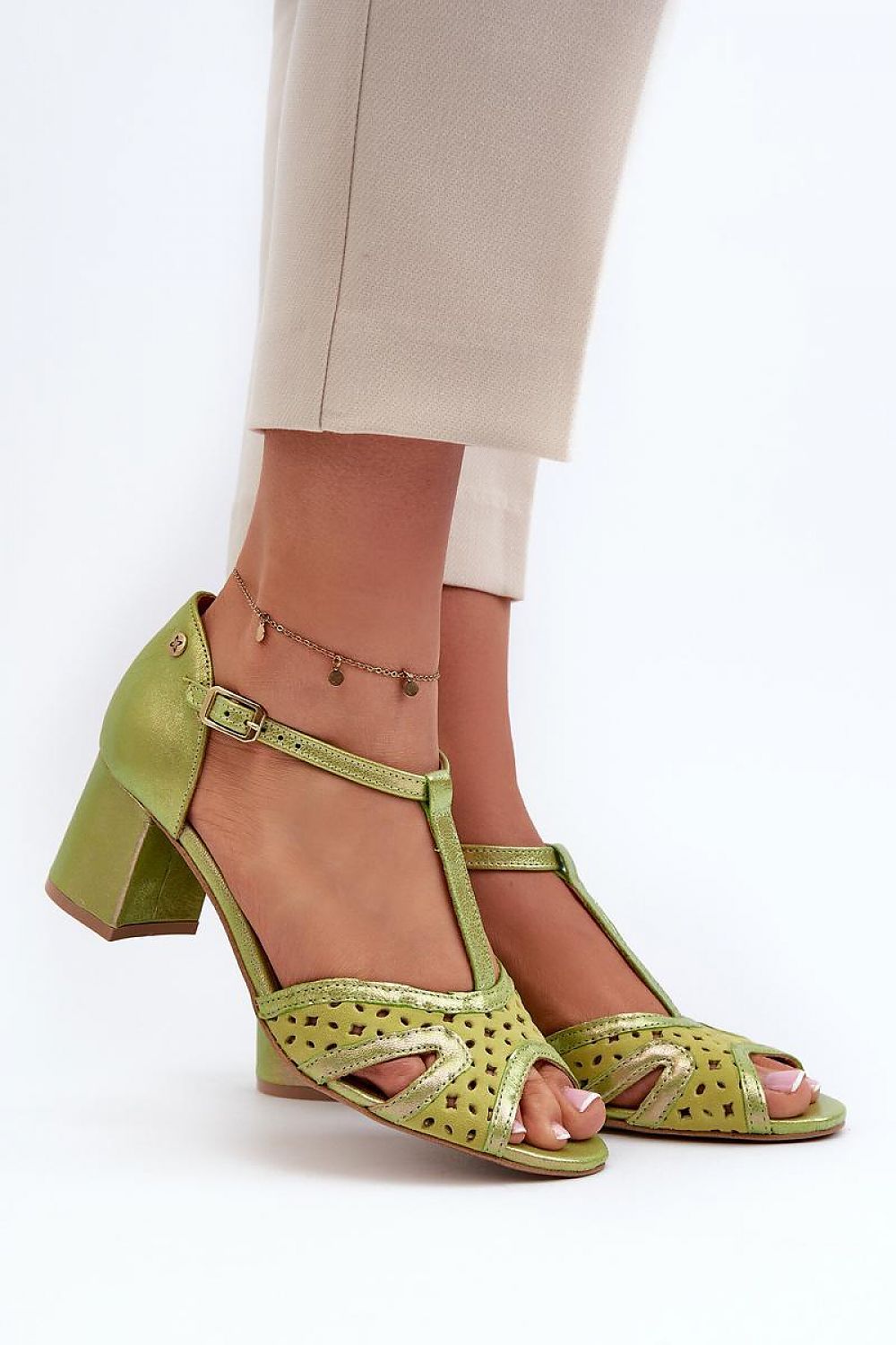 Milora Genuine Leather Sandals with block heel and adjustable ankle strap, ideal for weddings and formal events, shown in light green.