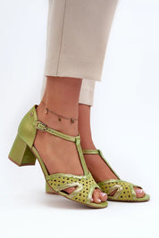 Milora Genuine Leather Sandals with block heel and adjustable ankle strap, ideal for weddings and formal events, shown in light green.