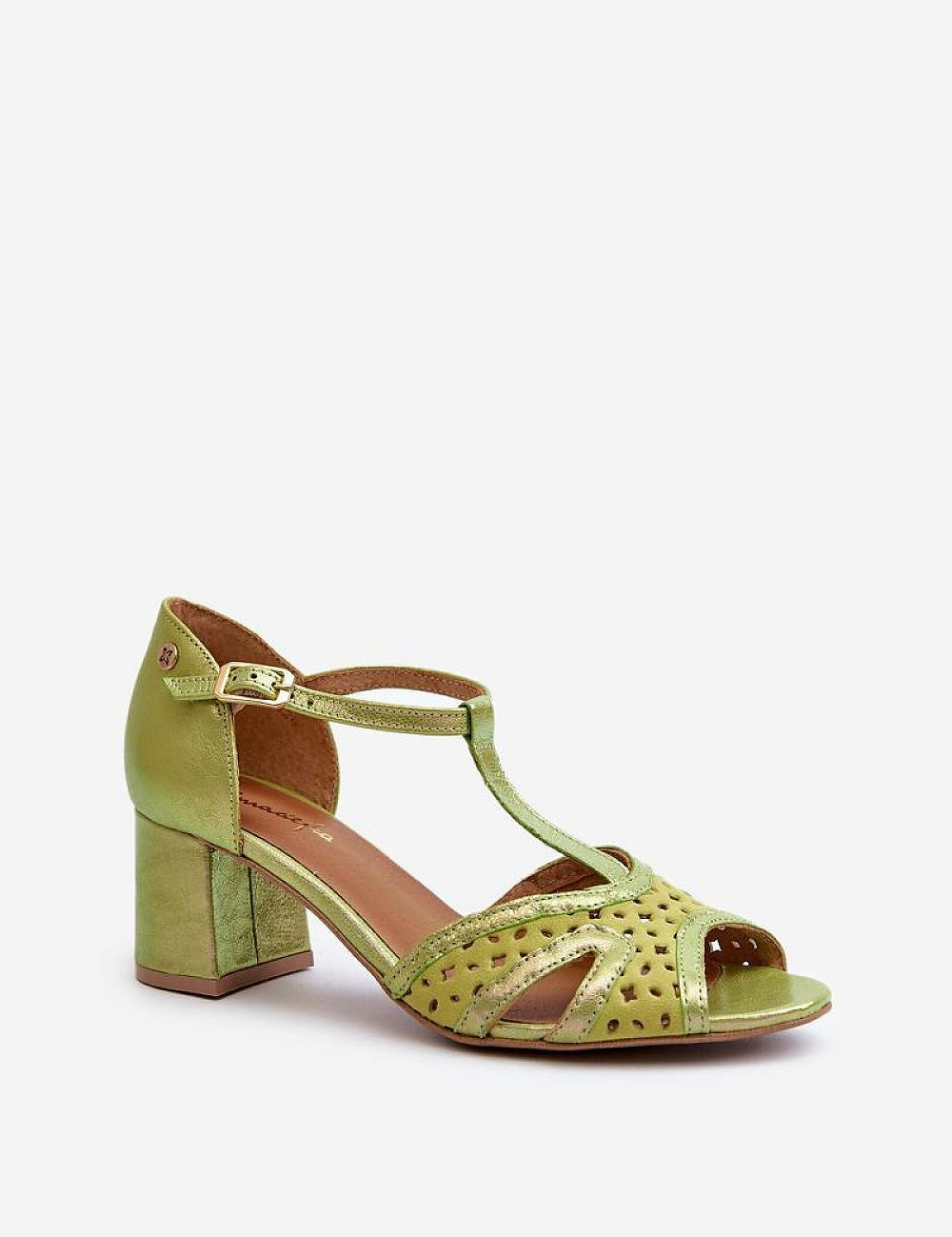 Green genuine leather block heel sandals with adjustable ankle strap, closed heel, and open toe design for elegant formal wear.