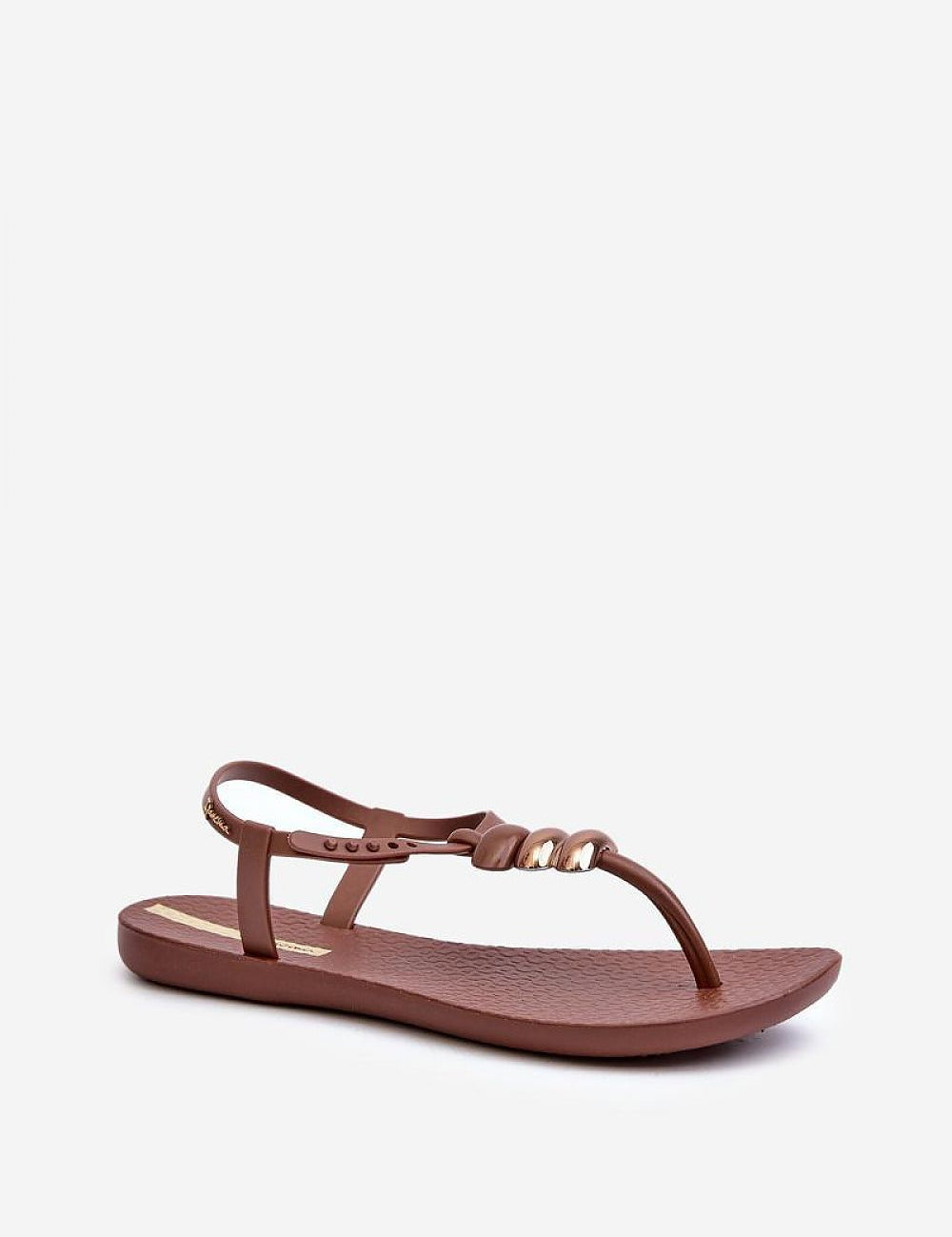 Women's Sorela buckle-strap rubber sandals in brown with sleek minimalist design, dual-buckle closure, flexible flat sole for comfort.