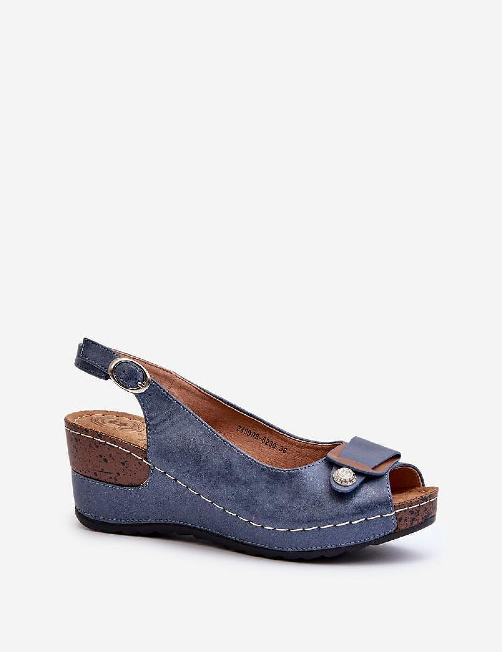 Vesmira Lifted Comfort Wedges in blue eco leather with adjustable buckle, cushioned suede insole, sculpted silhouette, and soft-touch finish.