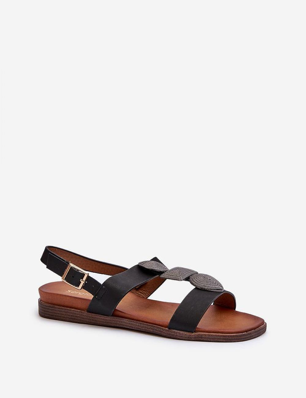 Black Verisse low-heel buckle sandals with eco leather, elegant toe strap, and adjustable ankle buckle for summer wear.