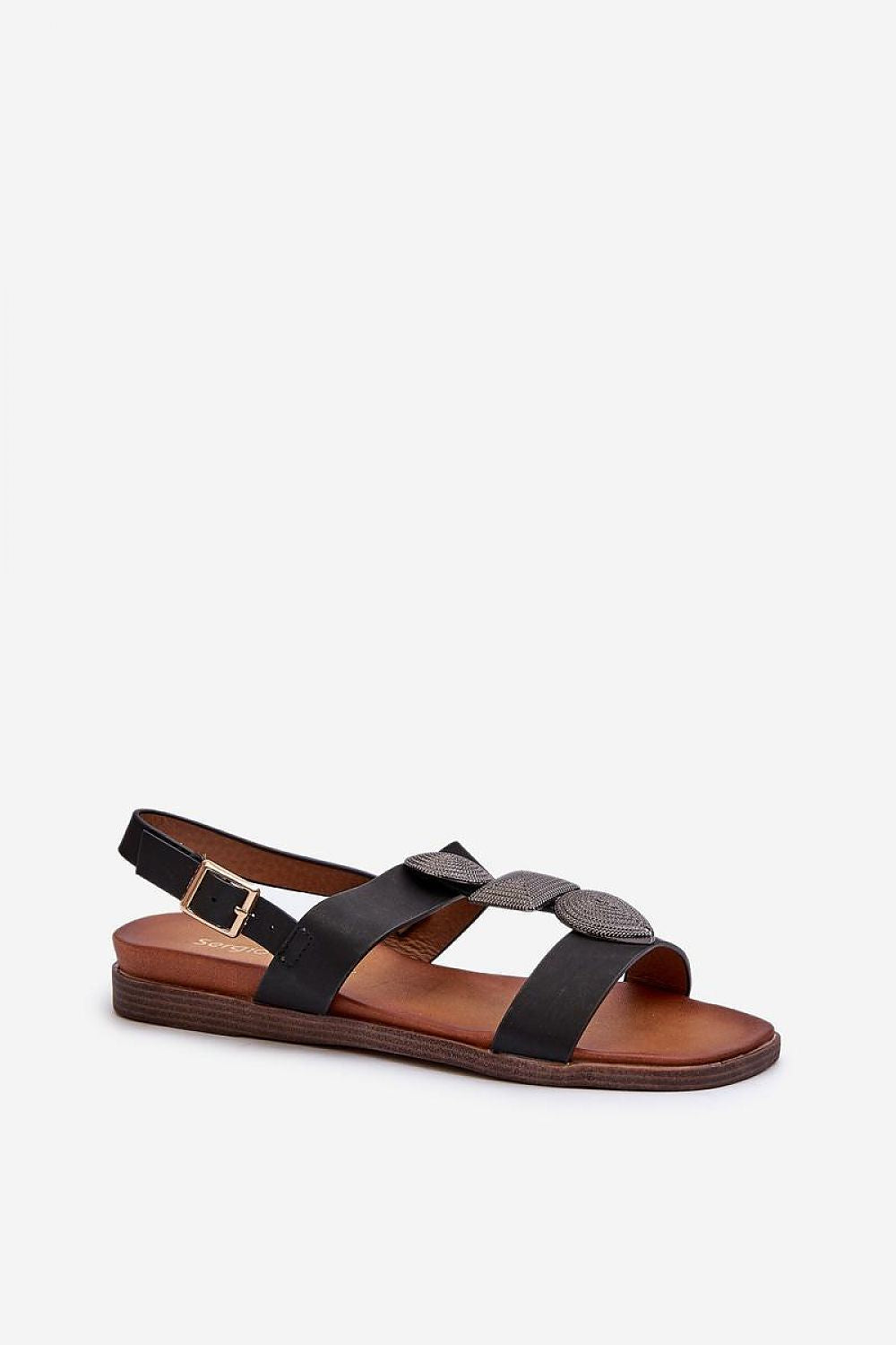 Black Verisse low-heel buckle sandals with eco leather, elegant toe strap, and adjustable ankle buckle for summer wear.