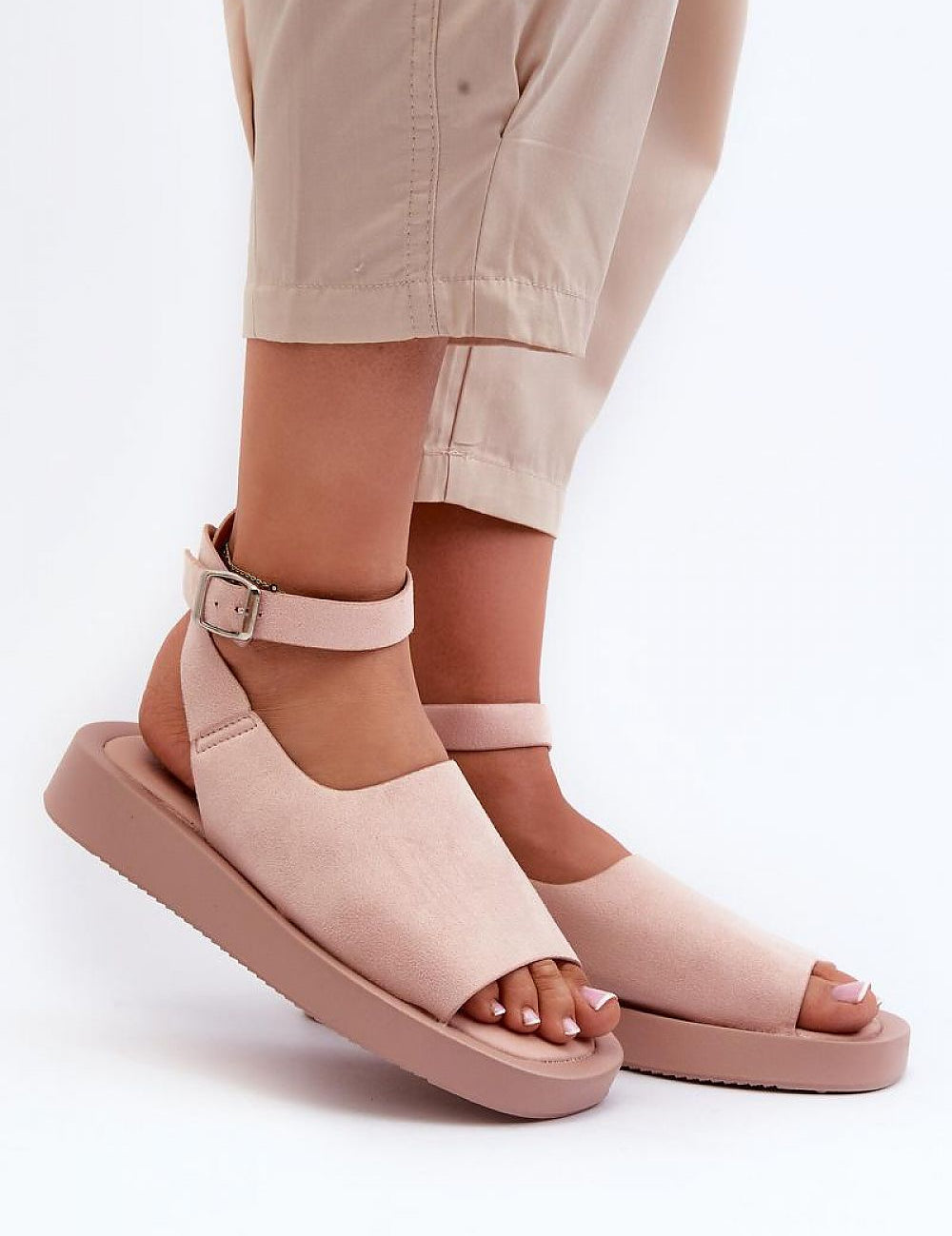 Side view of Nirella Suede Platform Sandals with eco-suede and adjustable ankle strap, showcasing refined style and comfortable platform design.