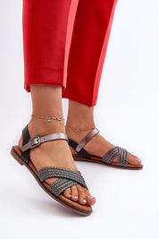 Woman wearing Serelvia Minimal Strap Sandals in eco leather with buckle, perfect for summer outfits.