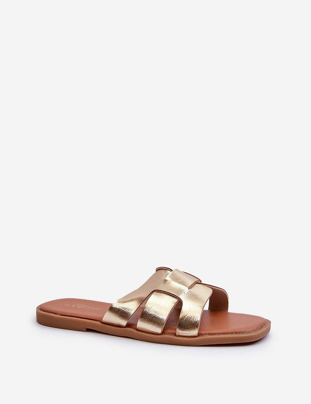 Gold faux leather flip-flops with slim straps and cushioned insole, perfect for summer comfort and style.