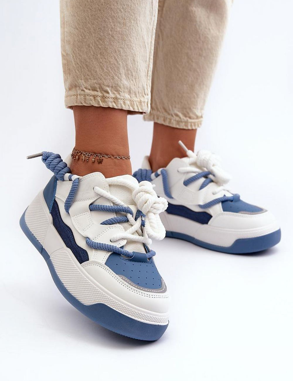 Velenta Modern Platform Sneakers in white and blue, perfect for urban style and comfort, featuring a sleek artificial leather upper.