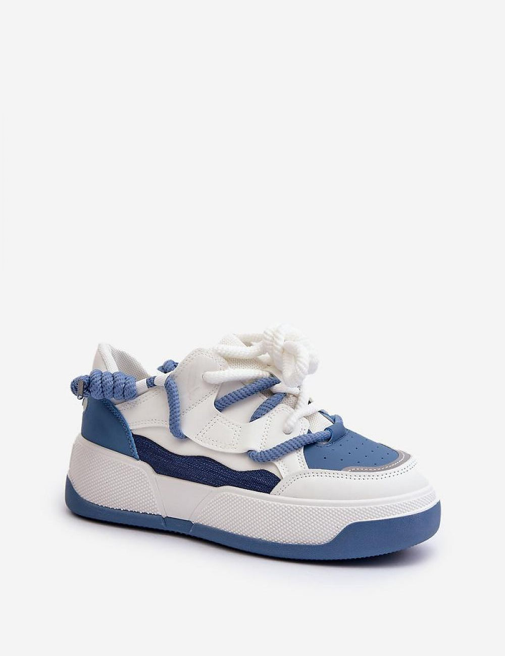 Velenta modern platform sneakers in white and blue, featuring a sleek design with a stable sole for added height and comfort.