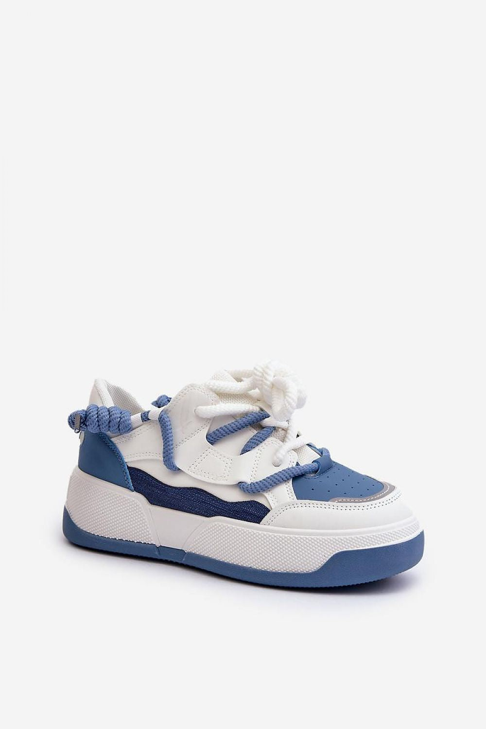 Velenta modern platform sneakers in white and blue, featuring a sleek design with a stable sole for added height and comfort.