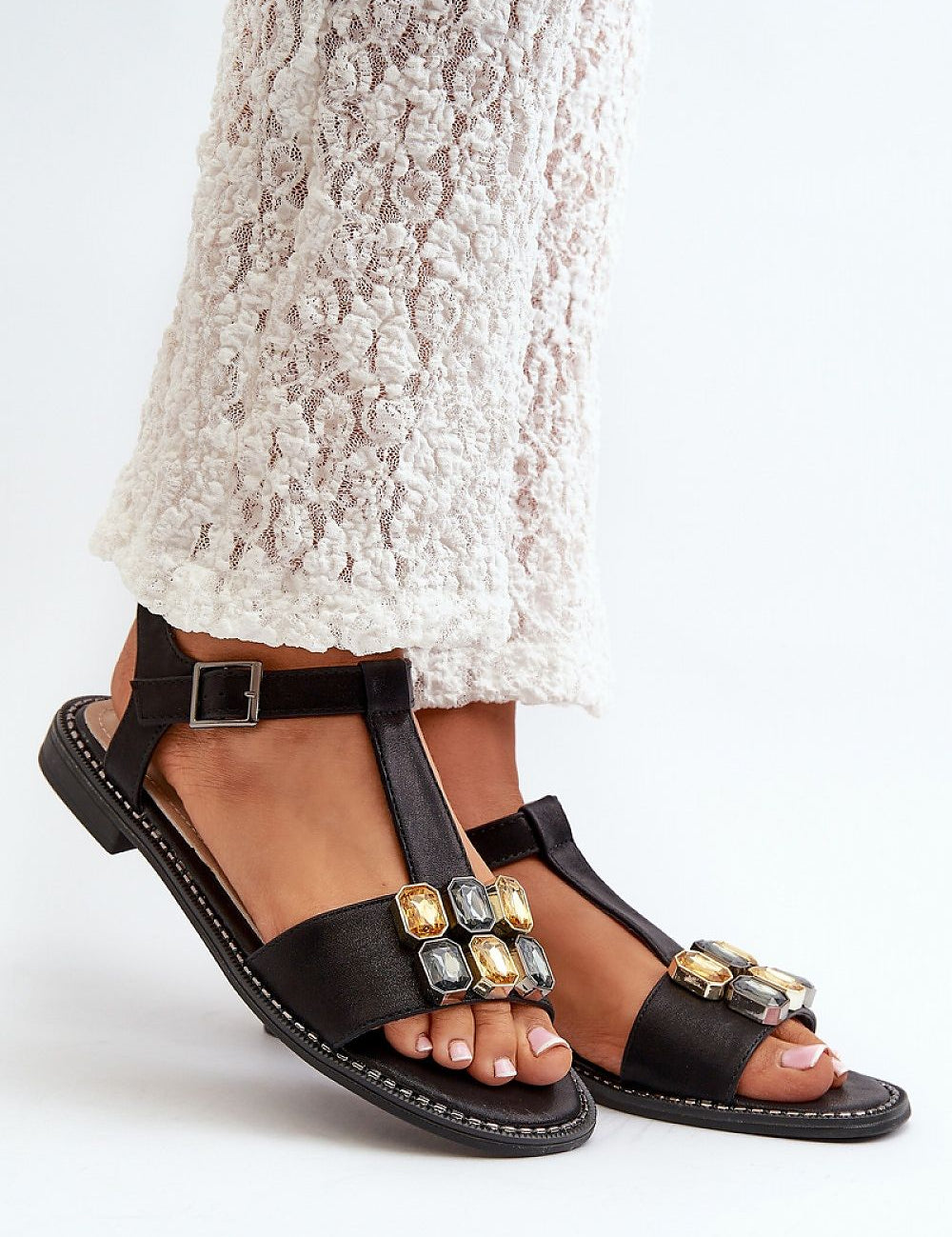 Selenta Decorative Summer Sandals with embellishments and elastic heel strap, ideal for comfortable daily wear.