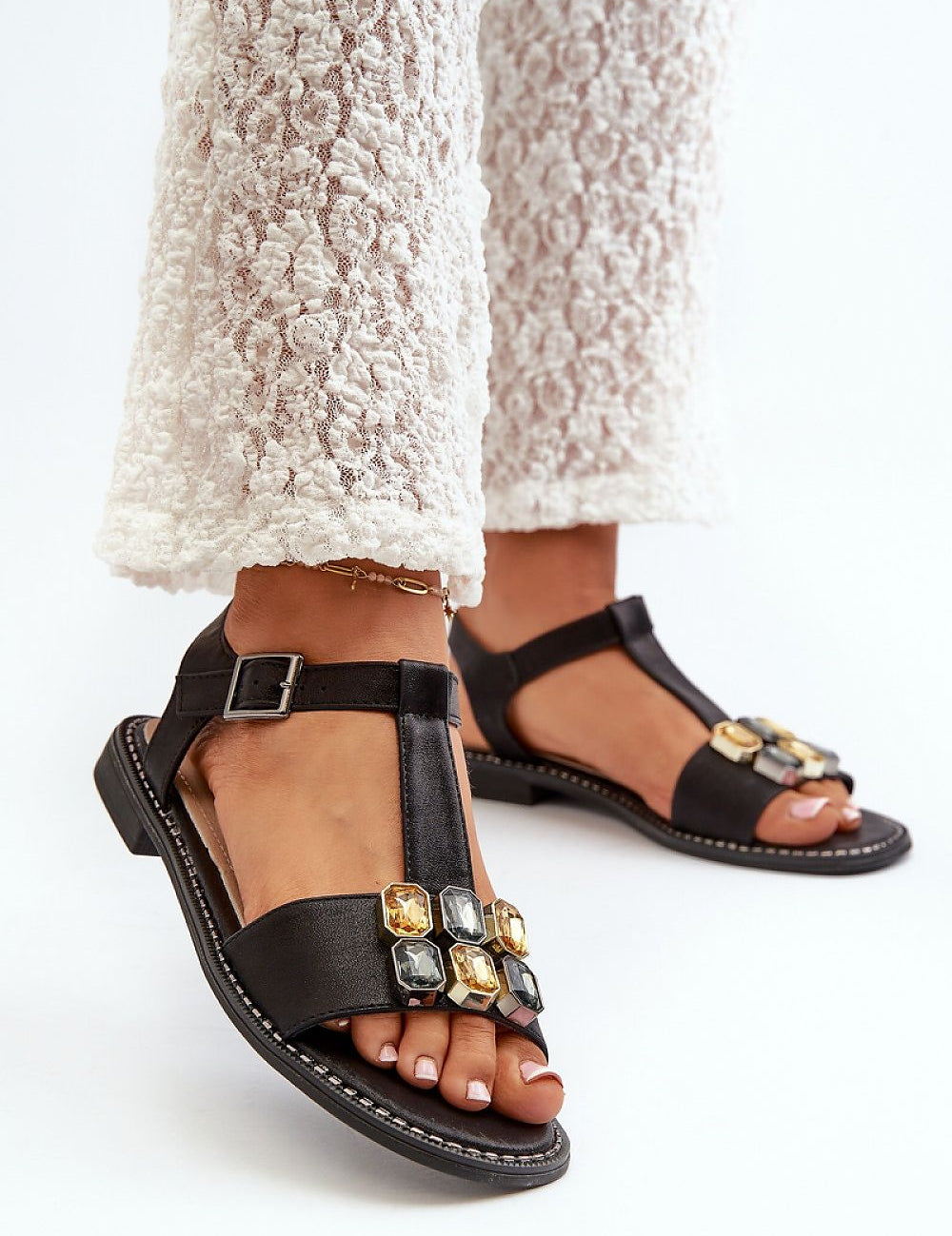 Selenta Decorative Summer Sandals with embellishments and elastic heel strap providing comfort and style for daily wear.