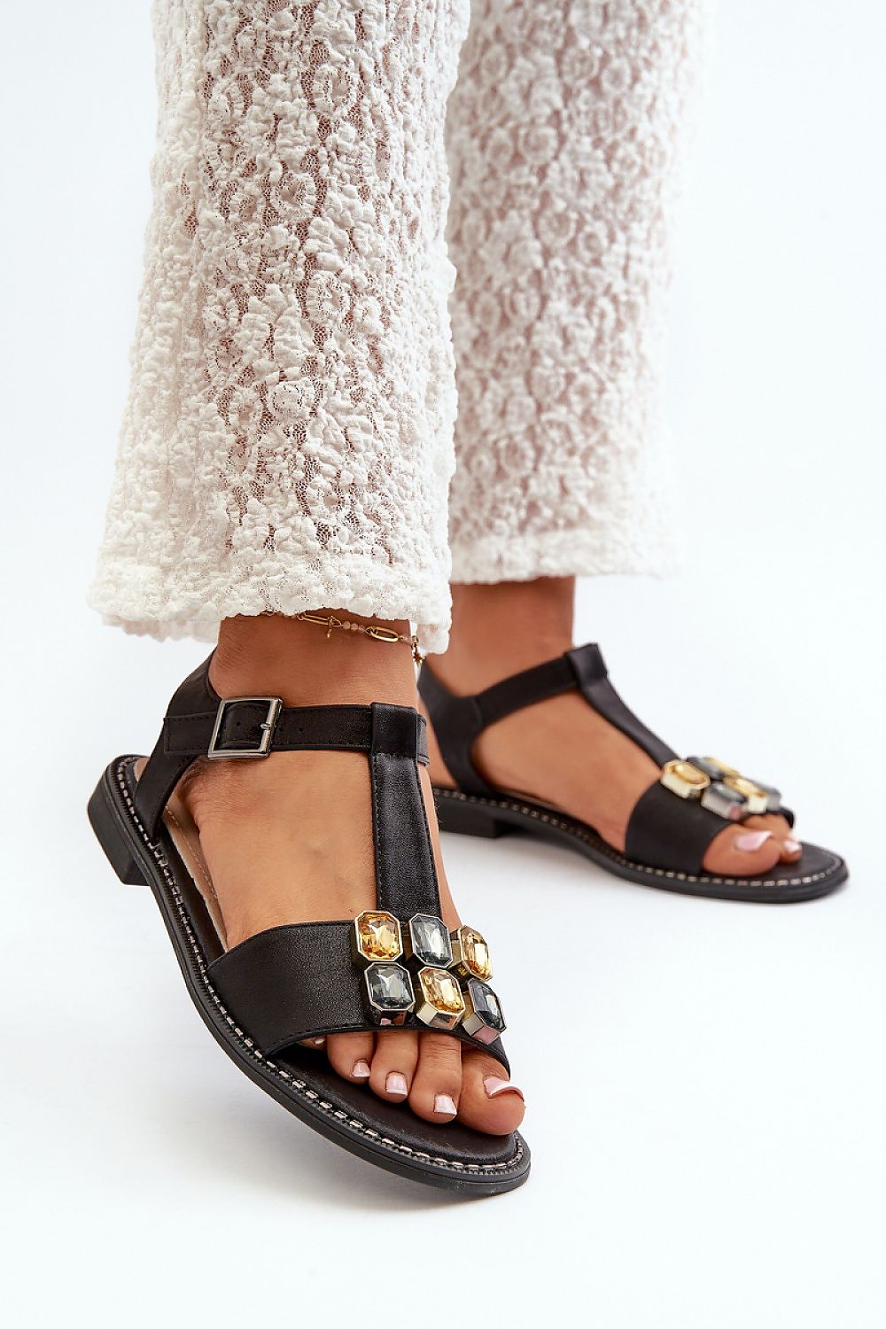 Selenta Decorative Summer Sandals with embellishments and elastic heel strap providing comfort and style for daily wear.