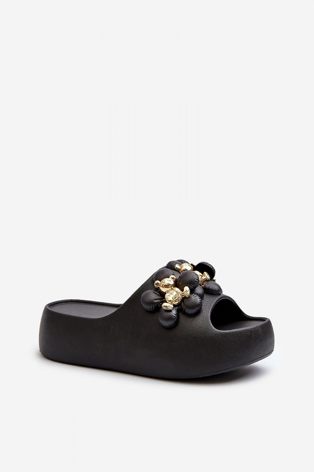 Kensura black platform summer flip-flops with decorative gold accents and thick sole for comfort and style.