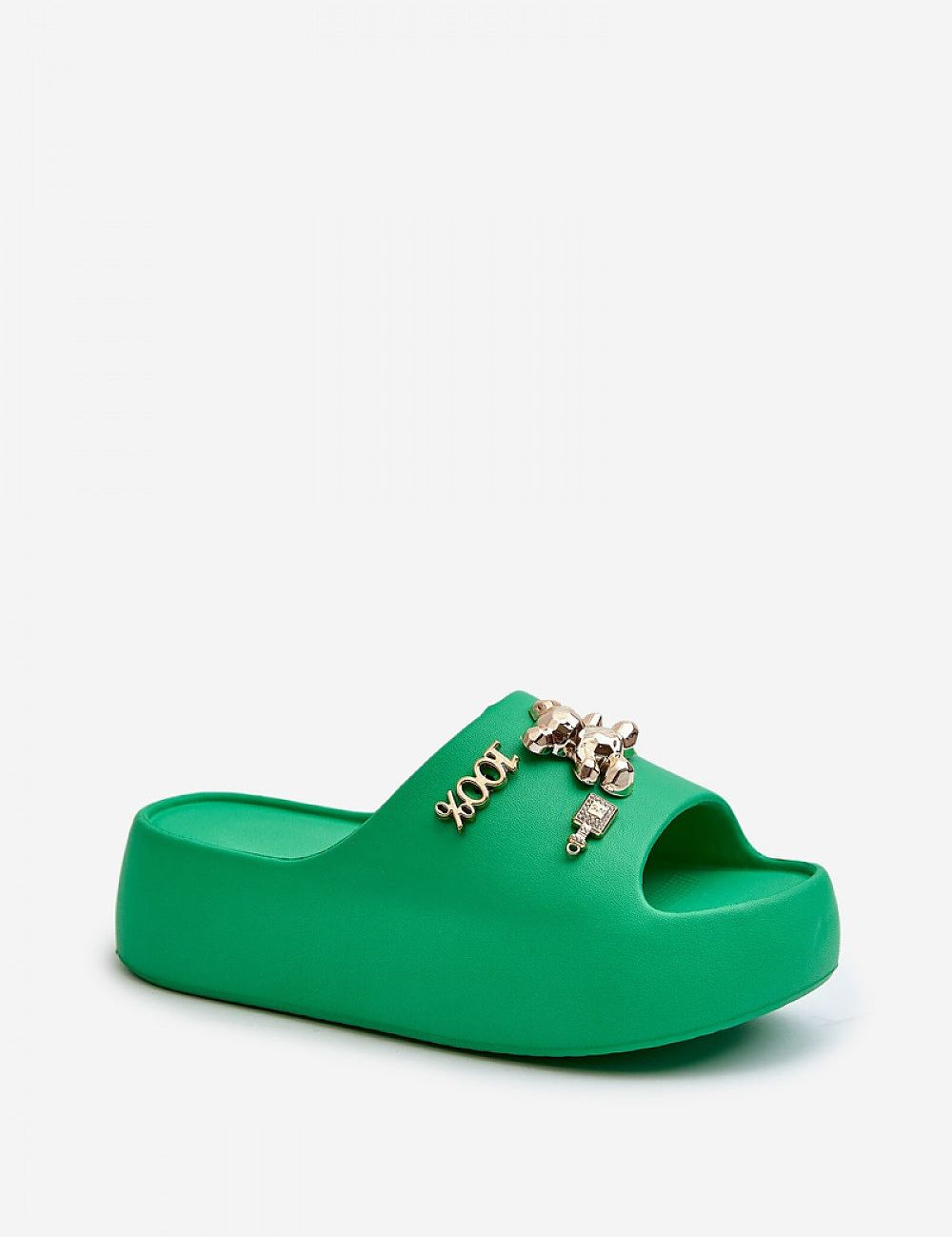 Floriva thick-sole foam flip-flops in green with playful accents, featuring a 5.5 cm platform for summer comfort and bold style.