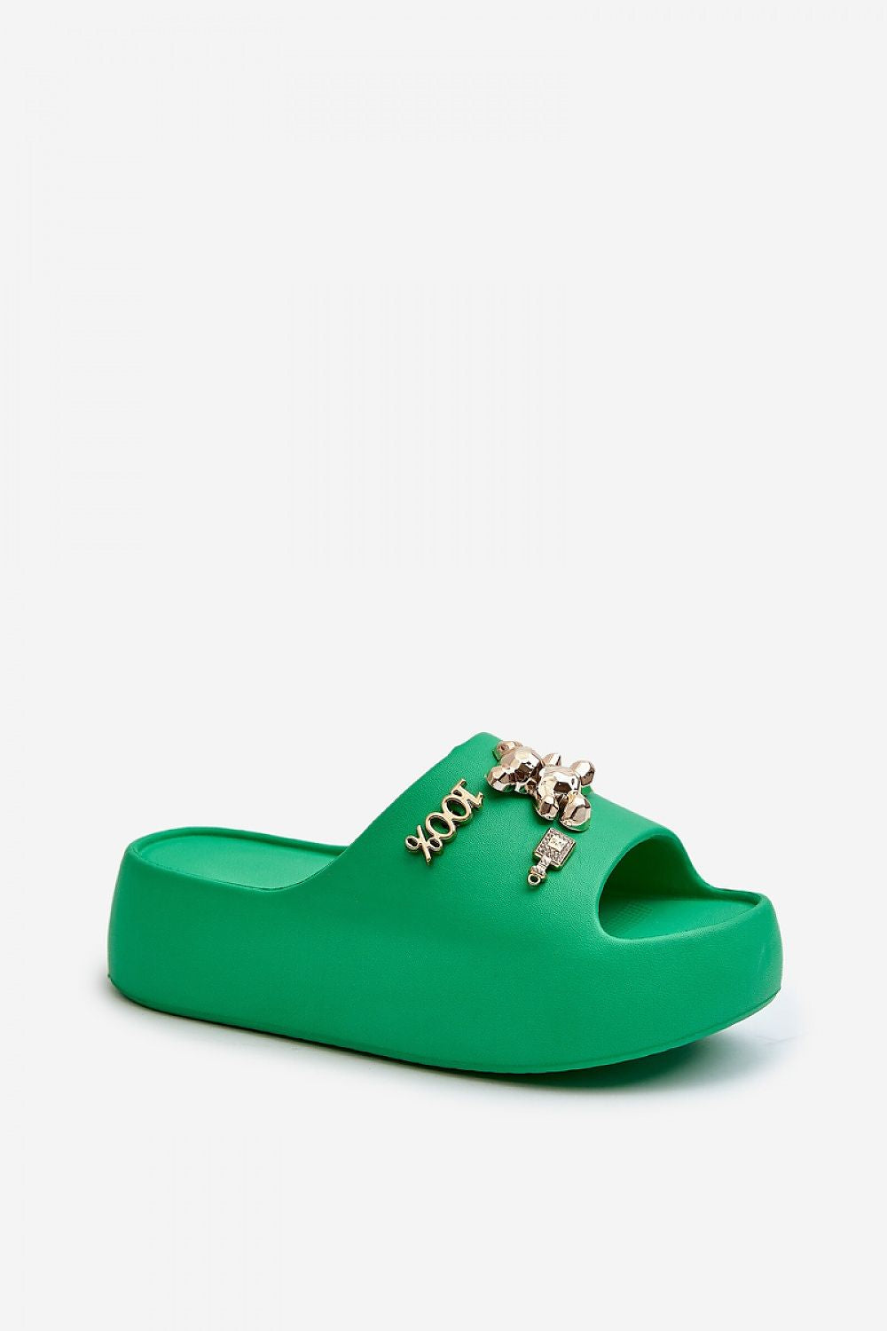 Floriva thick-sole foam flip-flops in green with playful accents, featuring a 5.5 cm platform for summer comfort and bold style.