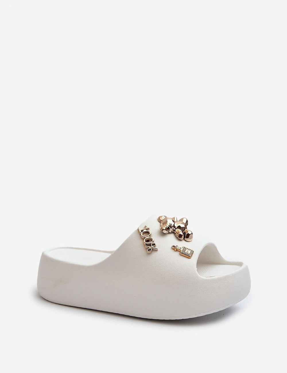 Floriva thick-sole foam flip-flops with decorative accents, lightweight platform design for comfort and style, ideal for summer wear.