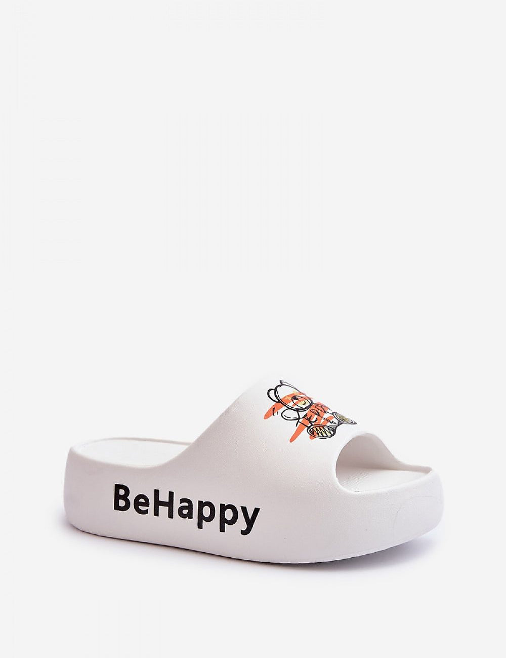White foam flip-flop with "BeHappy" text and teddy bear print, offering lightweight comfort for summer days and casual outings.