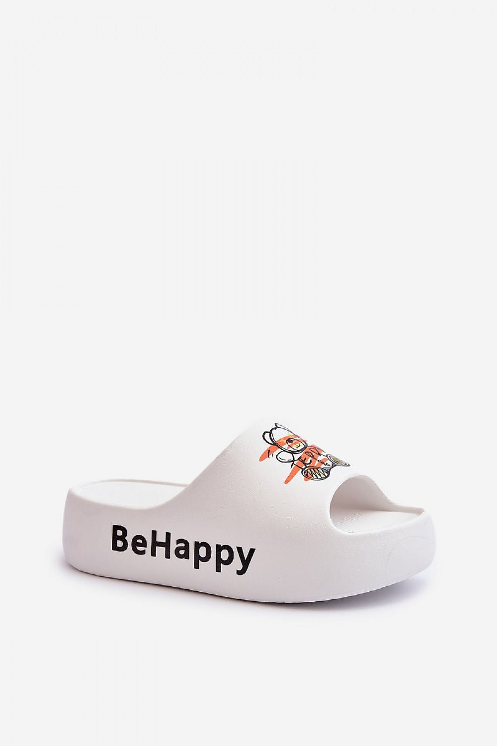 White foam flip-flop with "BeHappy" text and teddy bear print, offering lightweight comfort for summer days and casual outings.