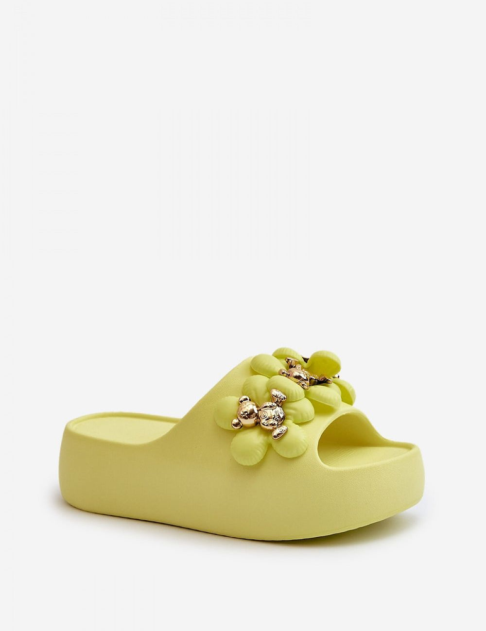 Kensura Platform Summer Flip-Flops in yellow with flower accents and thick foam sole for comfortable lift and playful style.