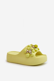Kensura Platform Summer Flip-Flops in yellow with flower accents and thick foam sole for comfortable lift and playful style.
