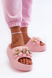 Person wearing Kensura Platform Summer Flip-Flops with pink thick platform sole and decorative accents, showcasing playful summer style.