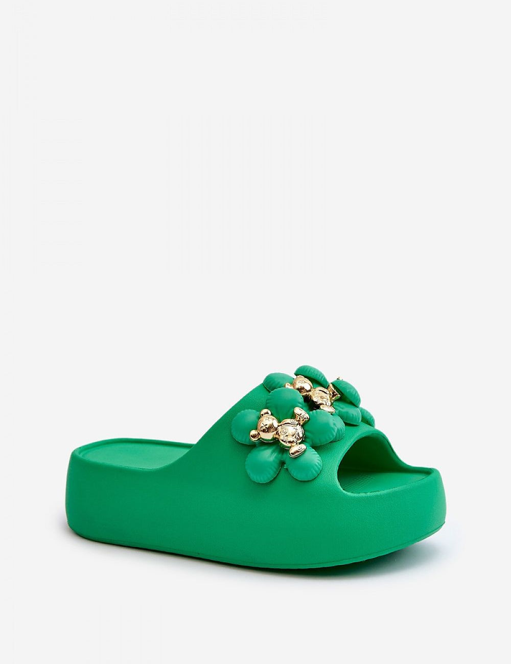 Green Kensura Platform Summer Flip-Flops with floral embellishments, lightweight foam, and 5.5 cm platform sole for comfort.