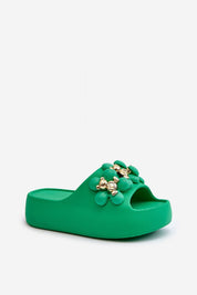 Green Kensura Platform Summer Flip-Flops with floral embellishments, lightweight foam, and 5.5 cm platform sole for comfort.
