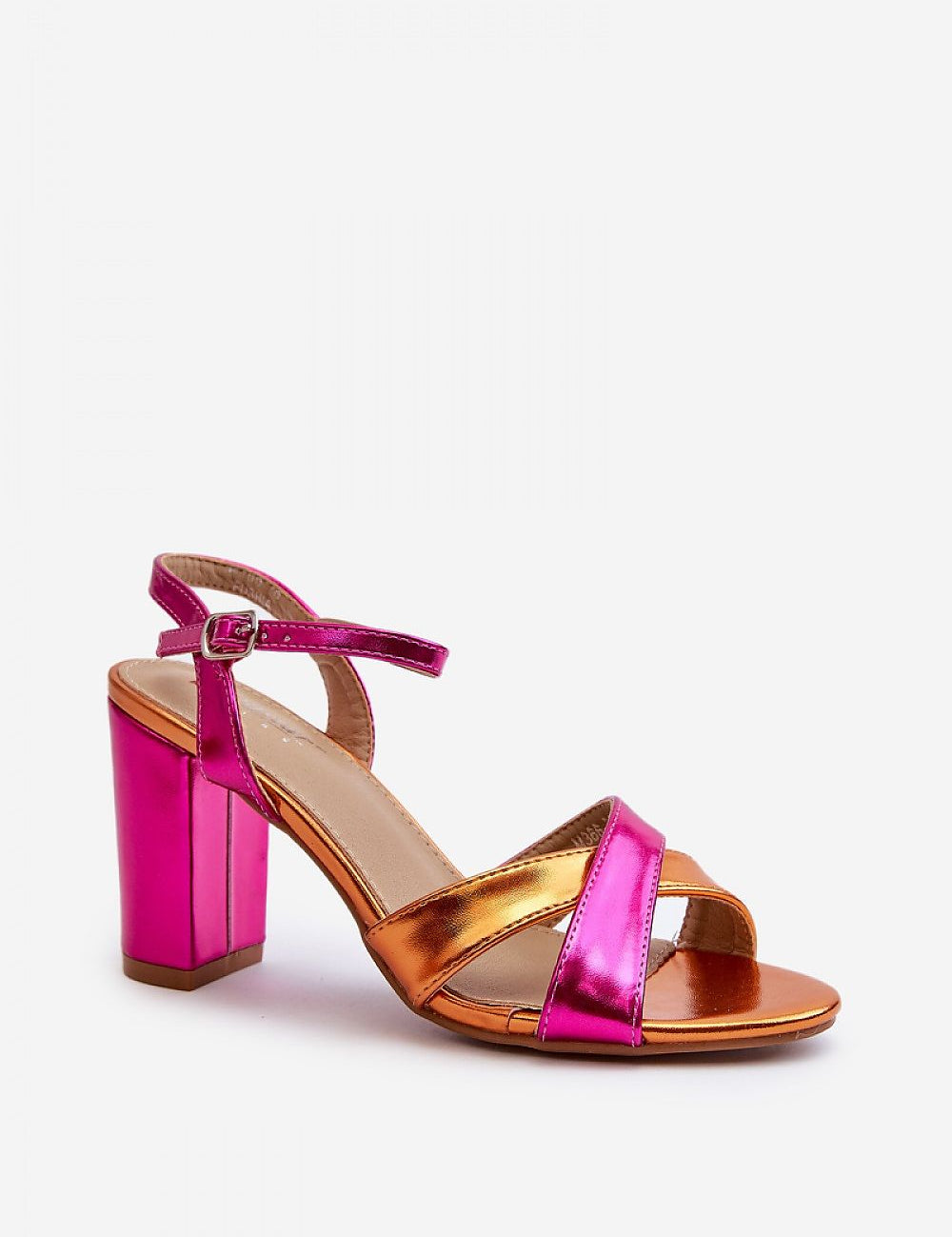 Pink and orange block heel sandals with cross-strap design and adjustable buckle, perfect for stylish summer outfits.