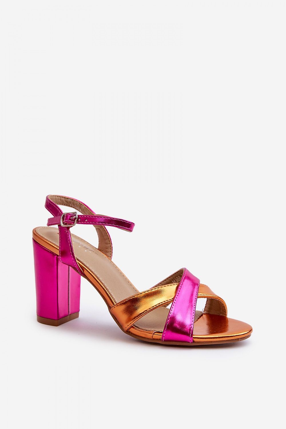 Pink and orange block heel sandals with cross-strap design and adjustable buckle, perfect for stylish summer outfits.