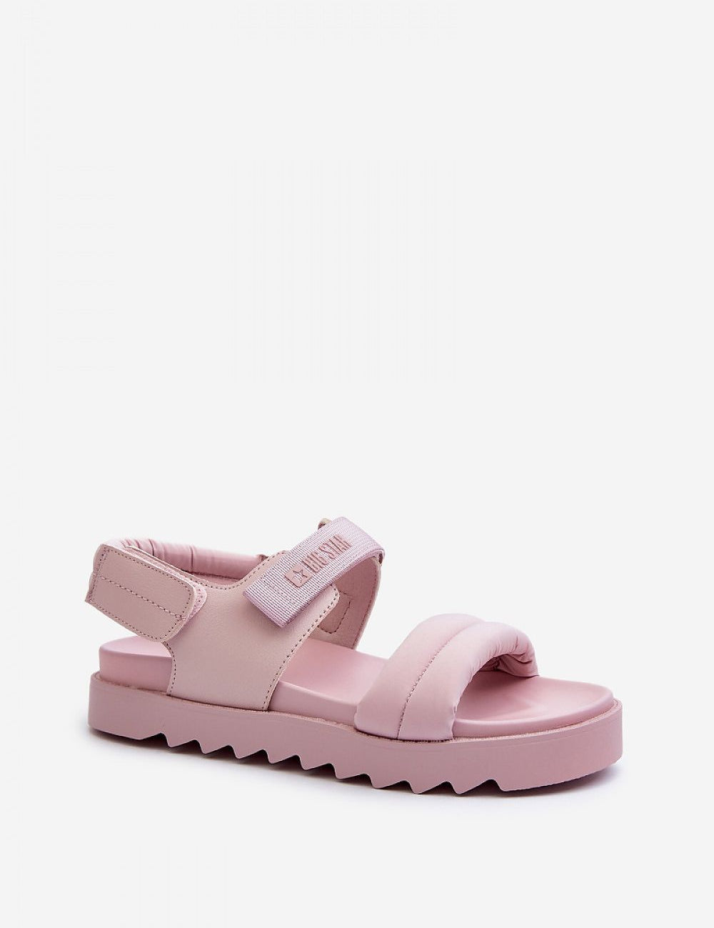 Rivexa platform strap sandals in pink with textured fabric and eco leather, featuring a Velcro fastening and sturdy platform sole.