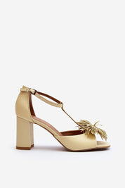 Alessira Post-Heel Leather Sandals in natural leather with sculpted heel and front ornament, featuring an adjustable ankle strap.