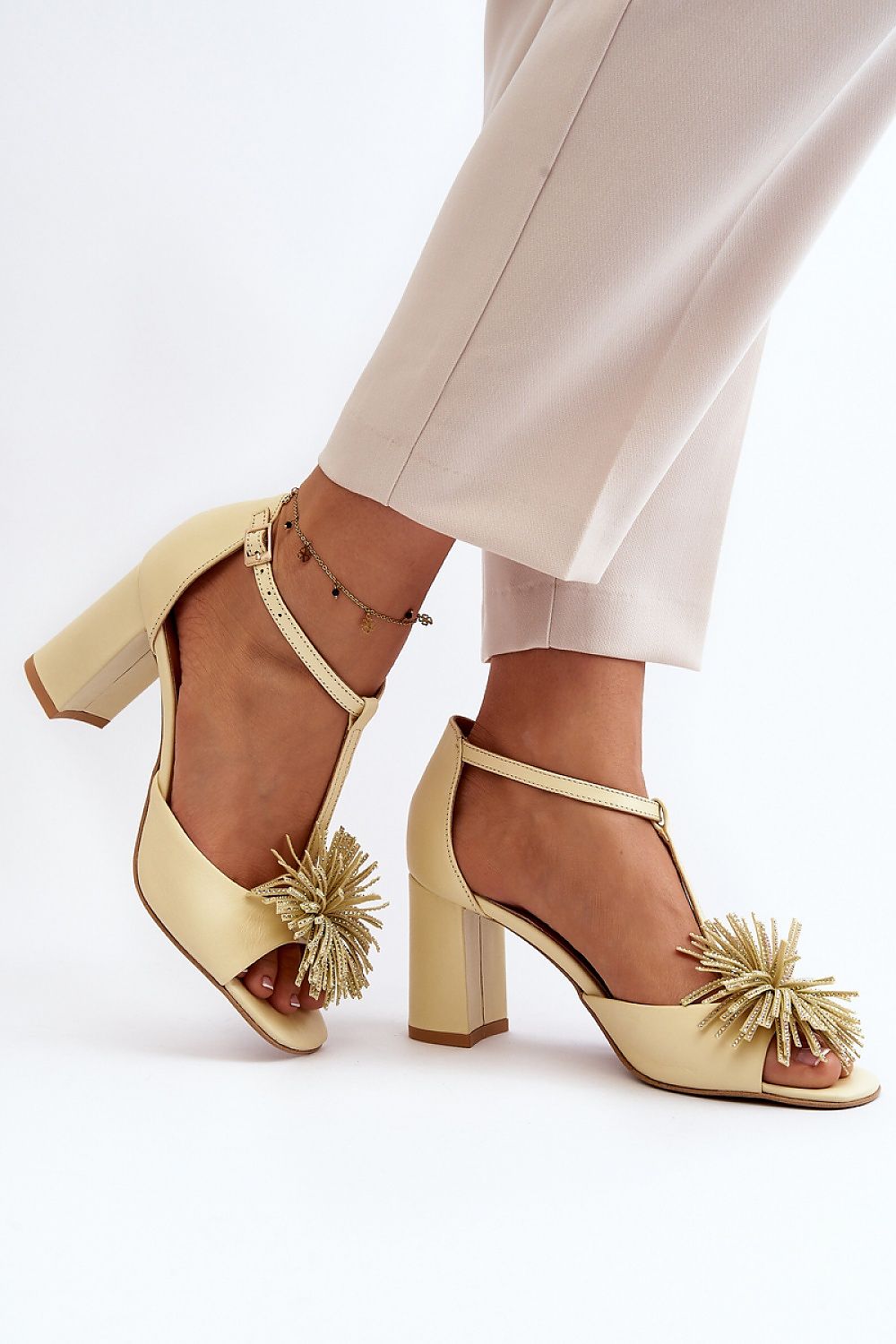 Alessira Post-Heel Leather Sandals with sculpted heel and delicate front ornament for elegant style in beige.
